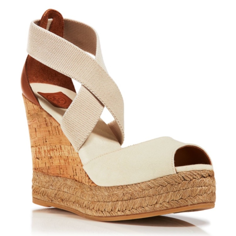 Tory Burch Tan and Cream Wedge Sandals with Cork Platform